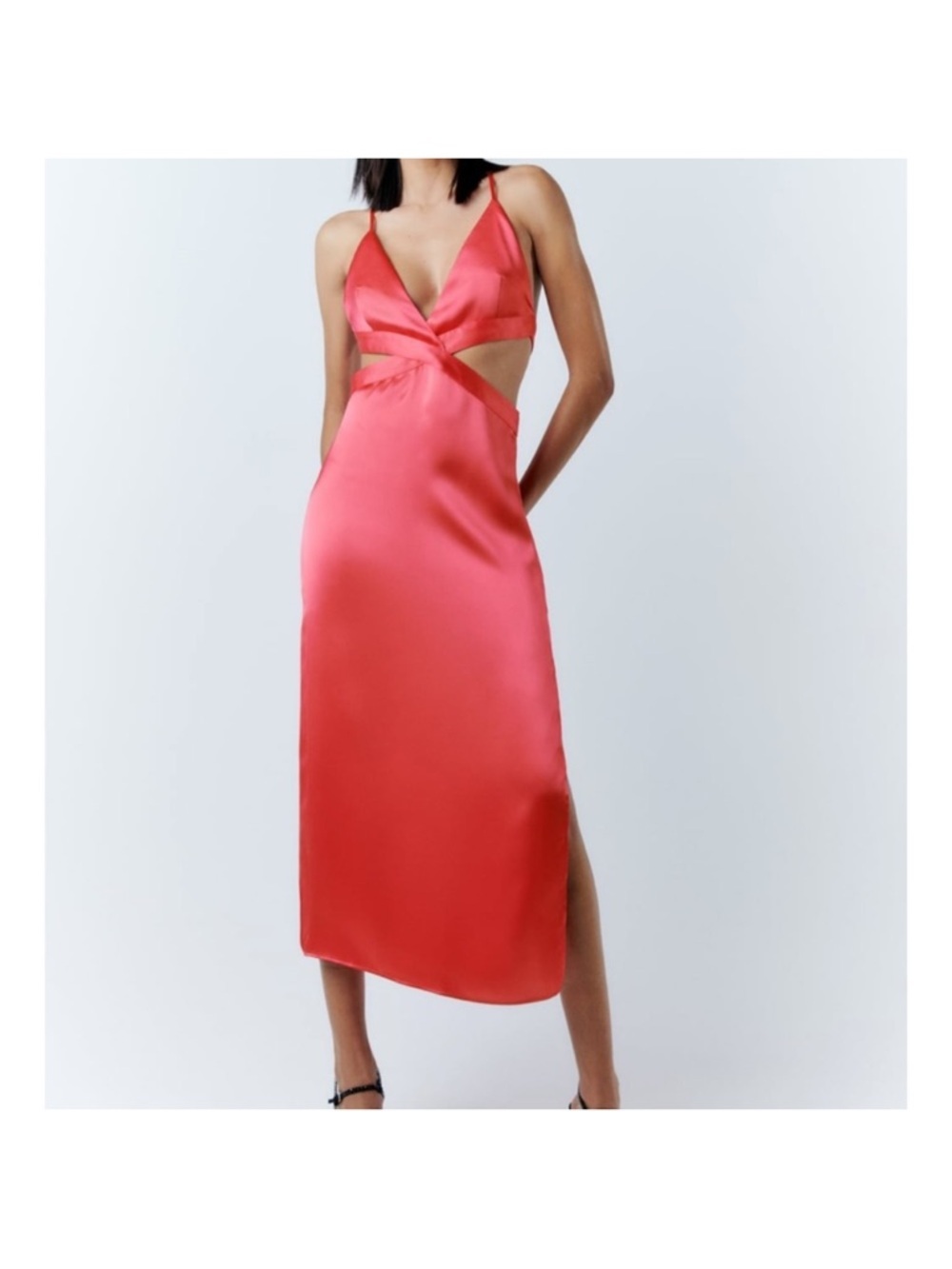 Zara Satin Cut-Out Midi Dress Pink - Picture 14 of 16